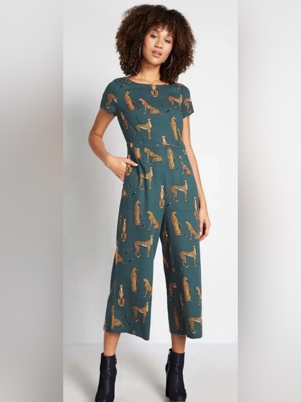 Modcloth Teal Jumpsuit with Golden Cheetah Print